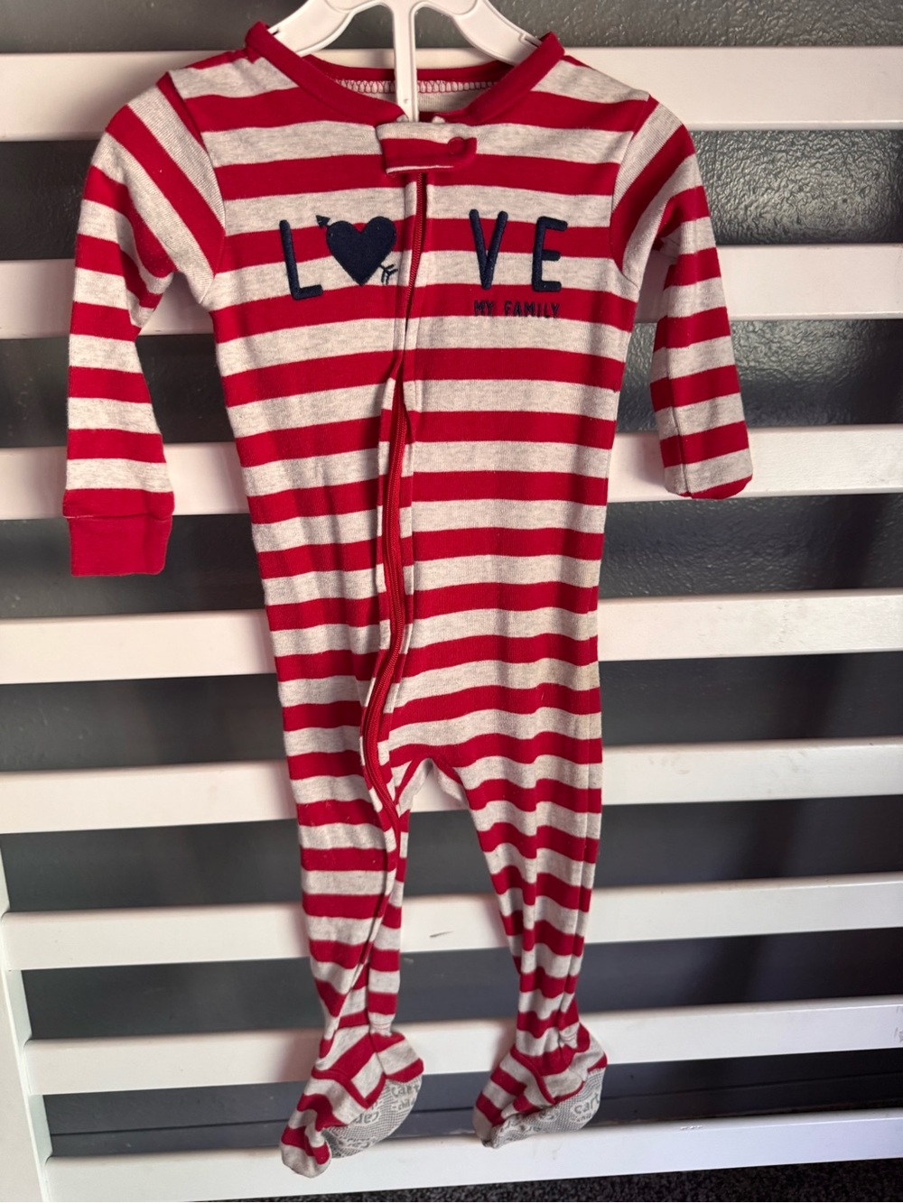 Carter's Red and White Striped Footed One-Piece Pajamas with LOVE Embroidery